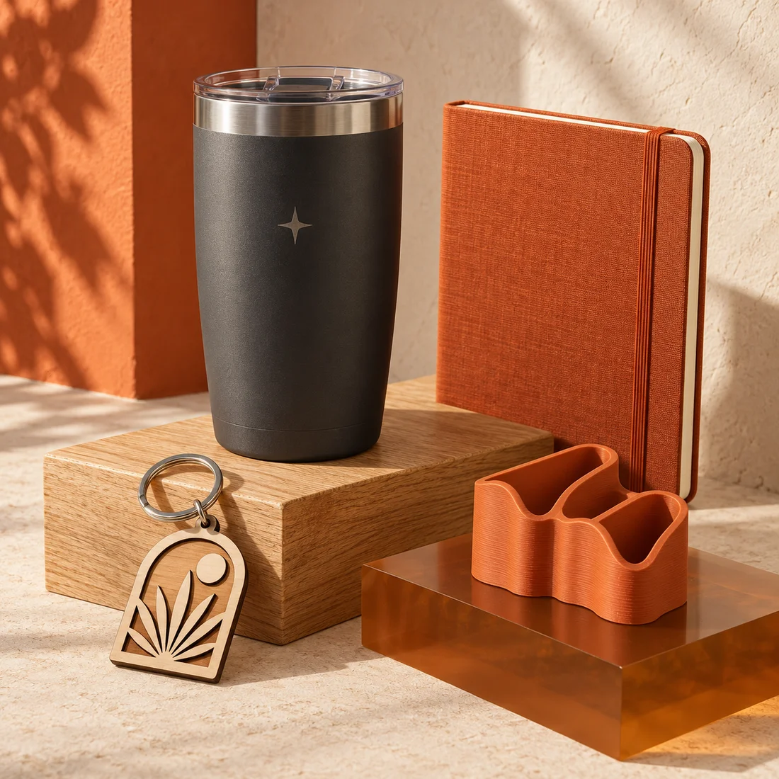 Concepto de termo negro, libreta terracota, llavero de madera y objeto impreso en 3D.