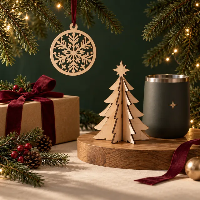 Concepto de regalos navideños con madera calada, pino y cinta.